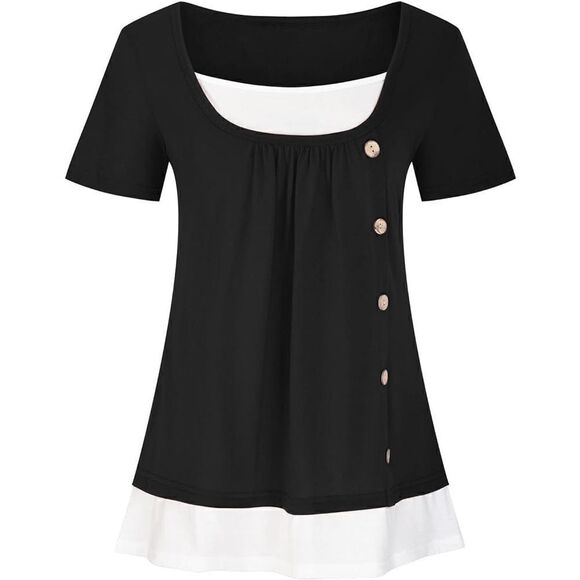 Women's Black & White Square Neck Short Sleeve Faux Buttons T-shirt L - Picture 1 of 8